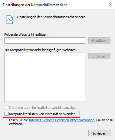 Entferne den Haken bei "Kompatibilitätslisten von Microsoft verwenden"